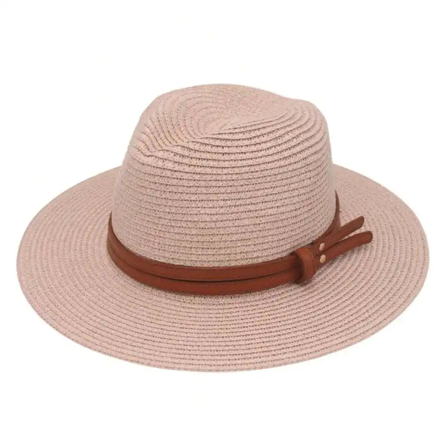 Women's Woven Straw Panama Sun Hat with Adjustable Decorative Band for Summer Outdoor Style