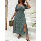 Square Neck Puff Sleeve Front Tie Floral Midi Dress for Boho Summer Style