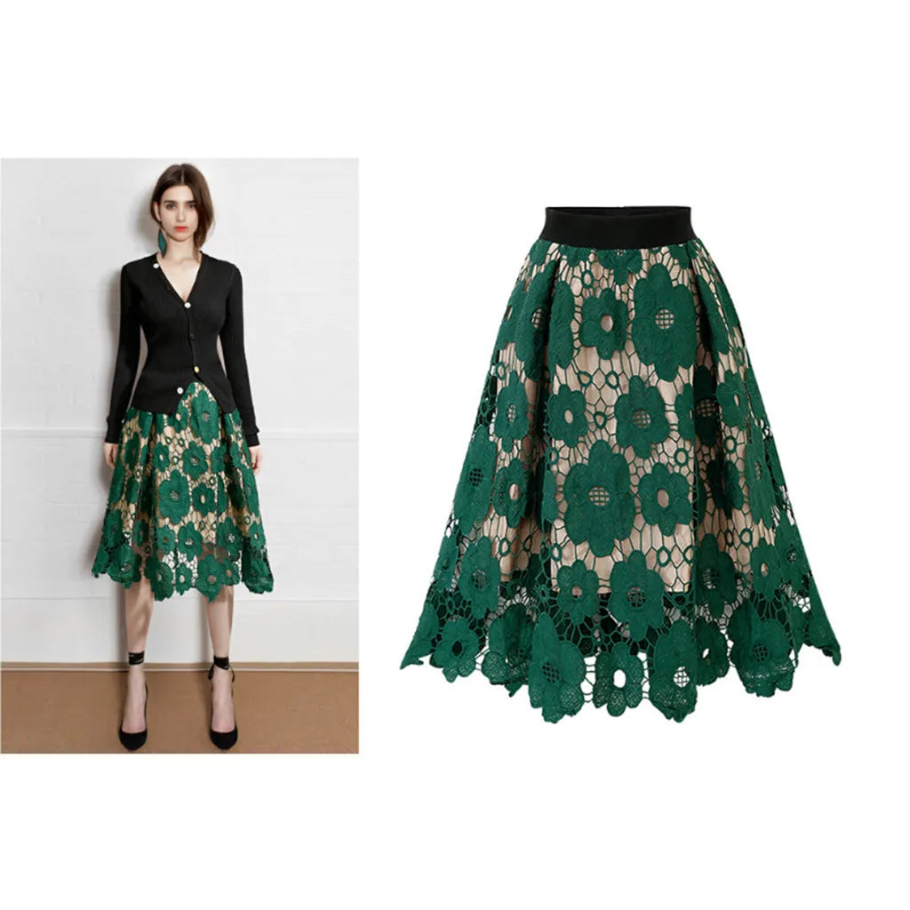 Elegant High Waist Floral Lace Irregular Hem A-Line Midi Skirt