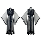 Sheer Black Mesh Long Robe with Wide Flared Sleeves and Ruffled Trim