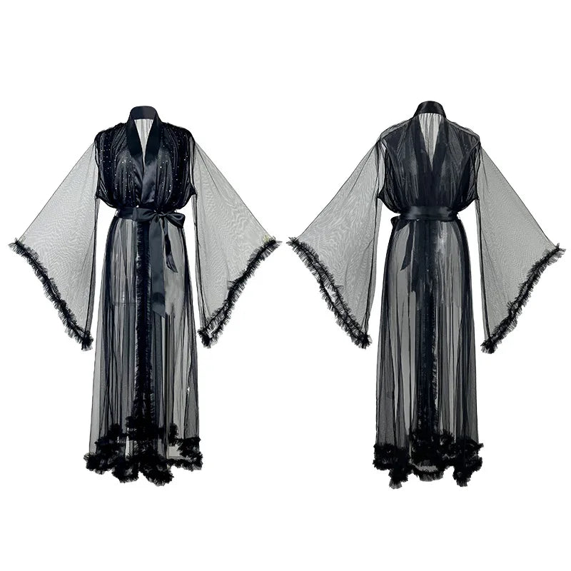 Sheer Black Mesh Long Robe with Wide Flared Sleeves and Ruffled Trim
