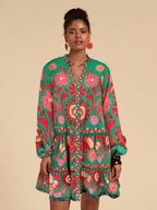 Bohemian Floral Print Lantern Sleeve Smock Mini Dress With Relaxed A-Line Silhouette