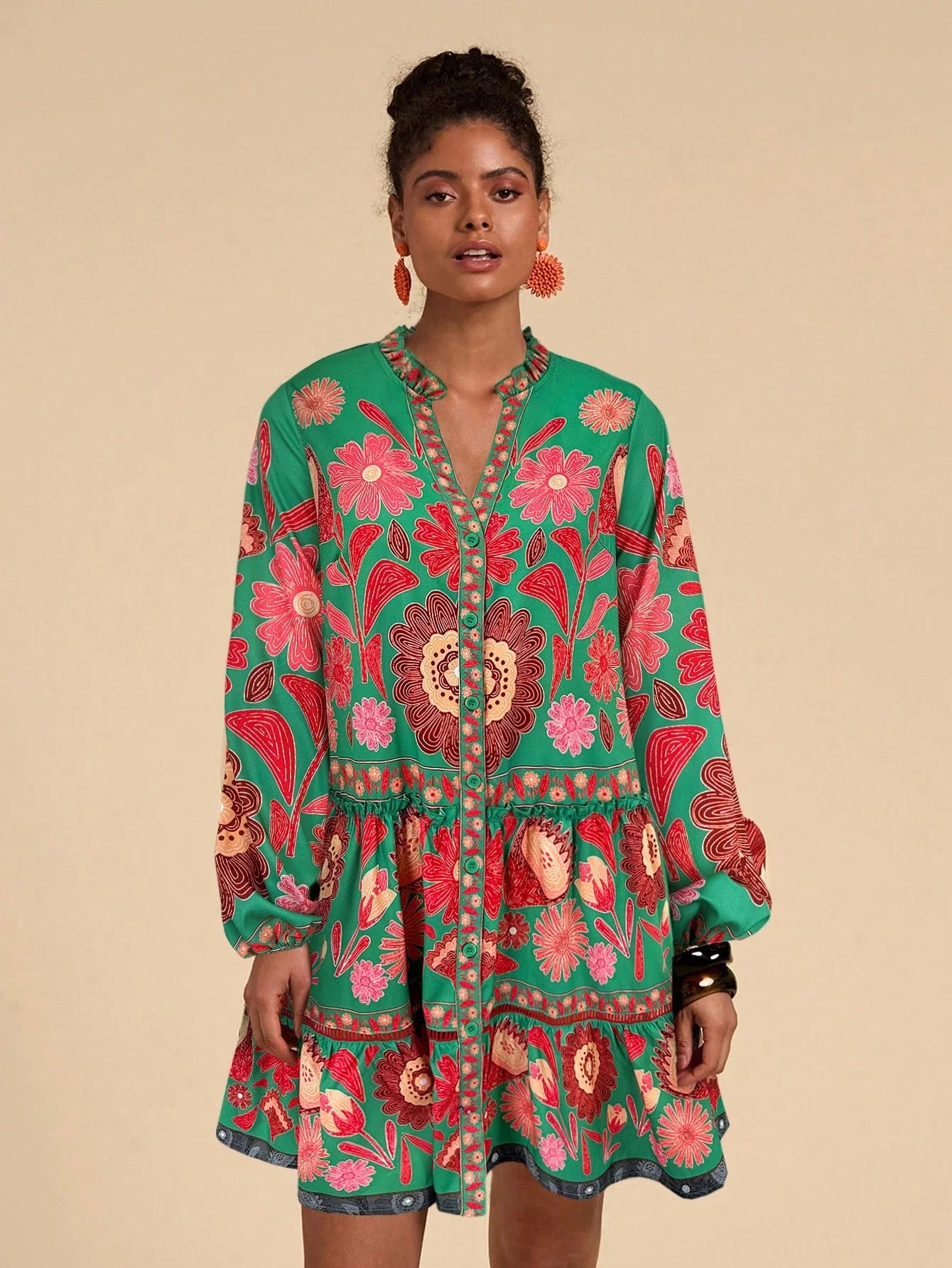 Bohemian Floral Print Lantern Sleeve Smock Mini Dress With Relaxed A-Line Silhouette