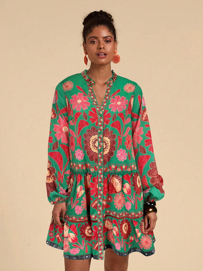 Bohemian Floral Print Lantern Sleeve Smock Mini Dress With Relaxed A-Line Silhouette