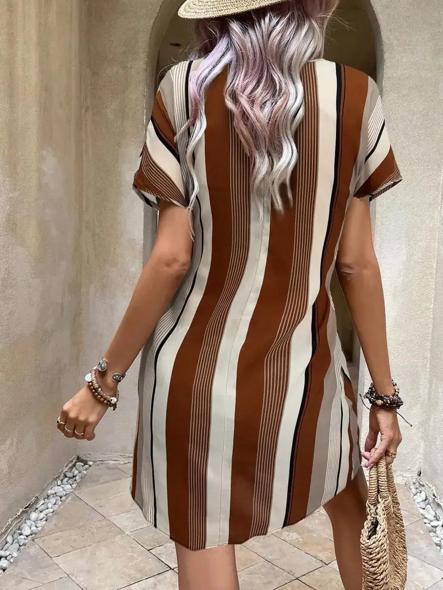 Striped Notched Neck Relaxed Short Sleeve Mini Dress for Everyday Style