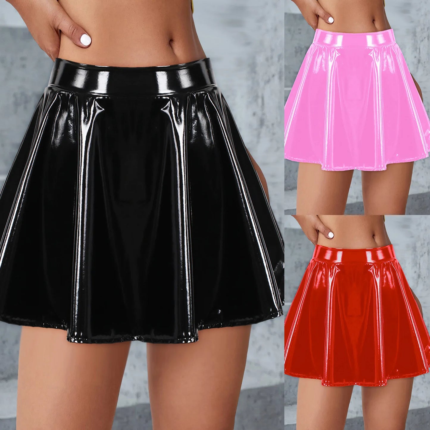 Gloss Finish Flared Mini Skirt with High Waist Statement Silhouette