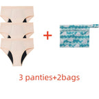 Five-Piece Solid Black Menstrual Brief Set with Two Printed Travel Bags