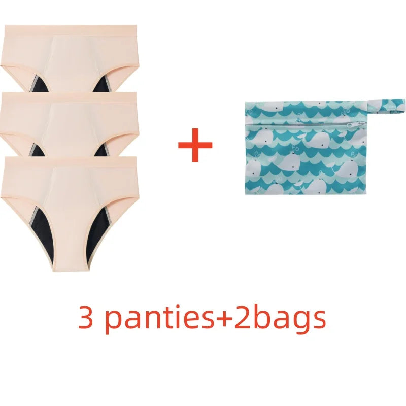Five-Piece Solid Black Menstrual Brief Set with Two Printed Travel Bags