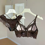 Rich Chocolate Brown Longline Floral Lace Underwire Bra Set