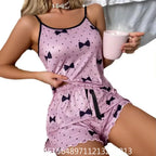Women's Plus-Size Printed Cami and Shorts Pajama Set, Sleeveless Spaghetti-Strap Loungewear with Playful Geometric Pattern