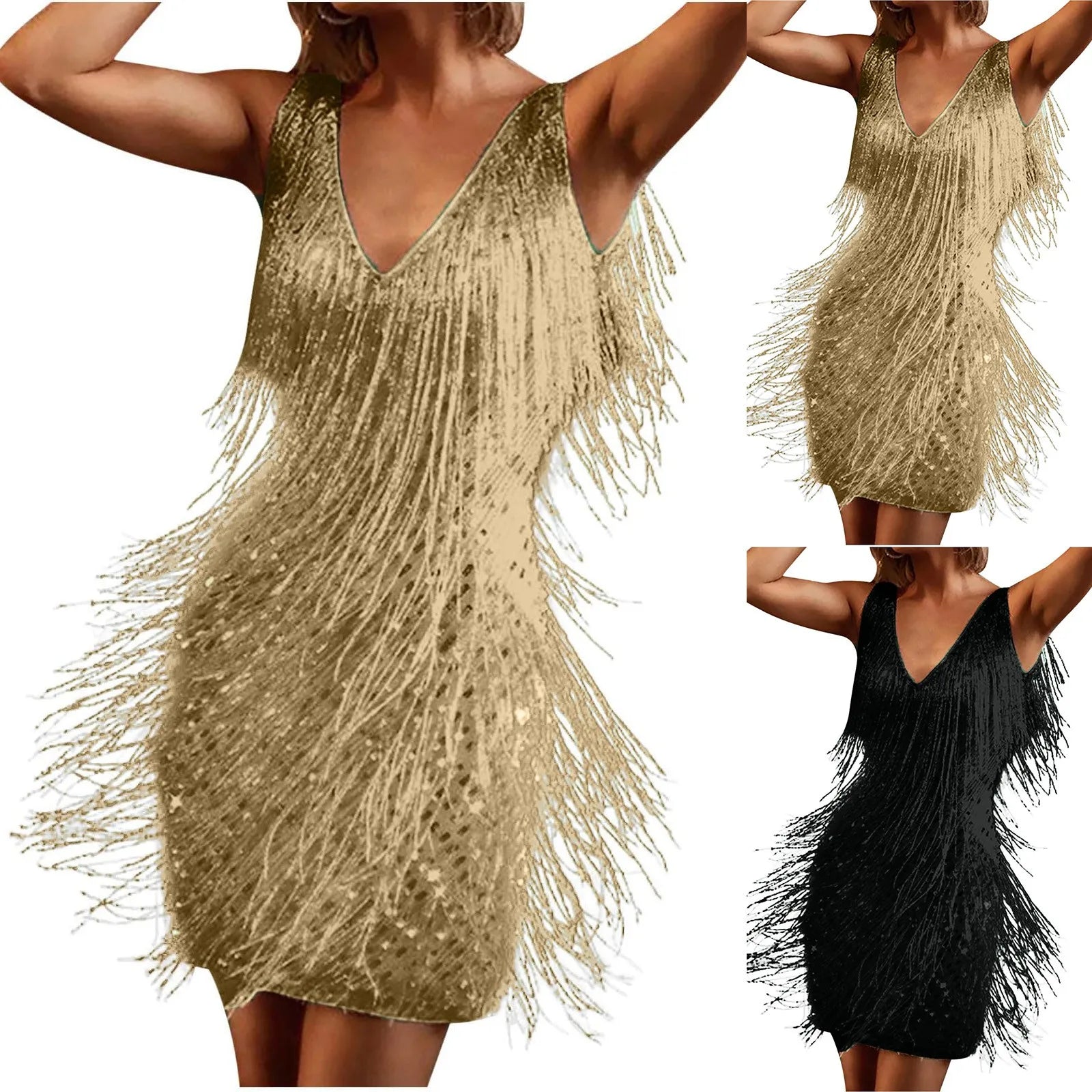 Fringe Detail Sleeveless Mini Dress with Deep V-Neck Statement Silhouette