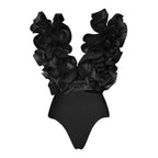 Crimson Red Plunge Swimwear Set with Dramatic 3D Floral Embellishments