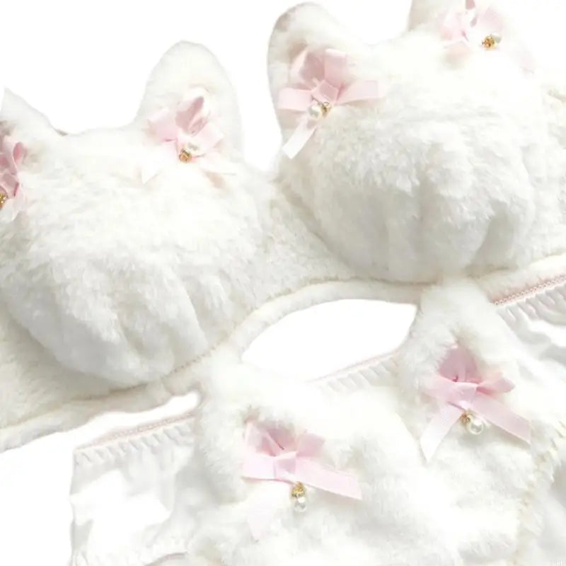 Whimsical Faux Fur Cat-Ear Bralette and Panty Lingerie Set