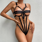 Daring Black Strappy Cage Bodysuit with Geometric Cutout Detailing