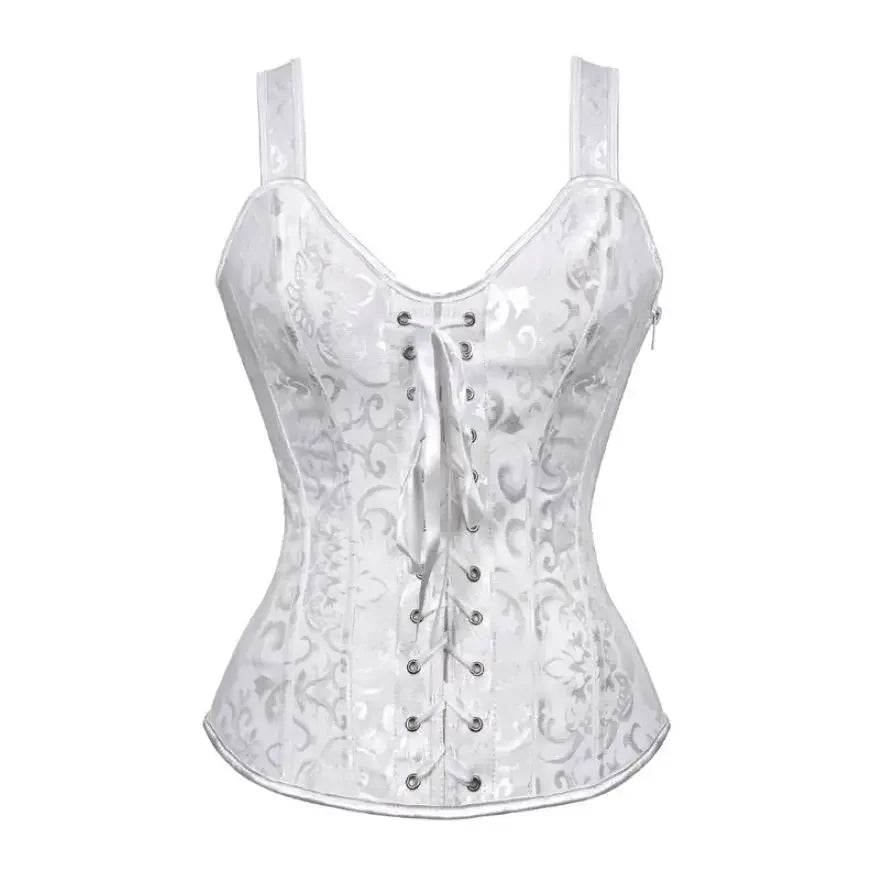 Vintage Floral Tapestry Overbust Corset with Wide Straps and Structured Seaming