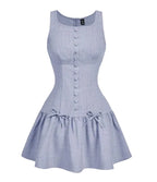 Button Front Mini Dress with Bow Detail and Flared Hem Silhouette