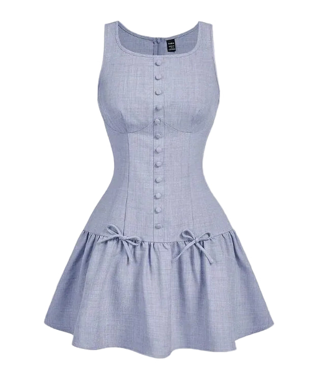 Button Front Mini Dress with Bow Detail and Flared Hem Silhouette