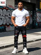 Men's Distressed Slim Straight Denim Jeans with Paint Detail Streetwear Design