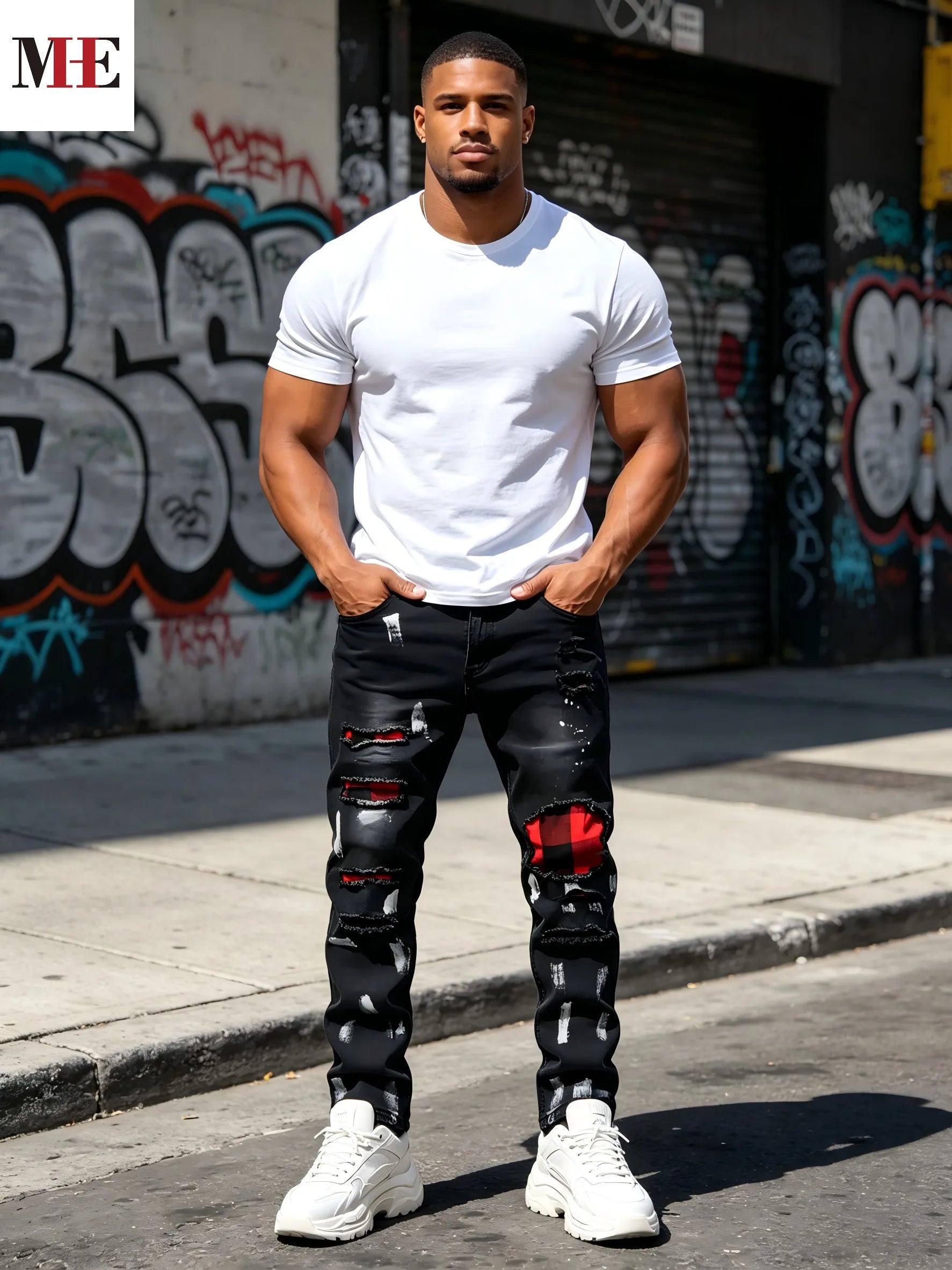 Men's Distressed Slim Straight Denim Jeans with Paint Detail Streetwear Design