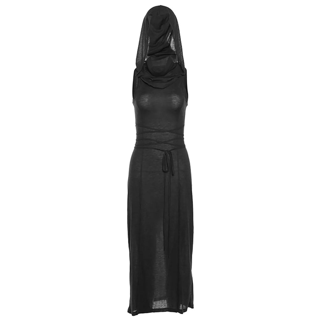 Hooded Bodycon Maxi Dress with Side Split and Lace Up Detail
