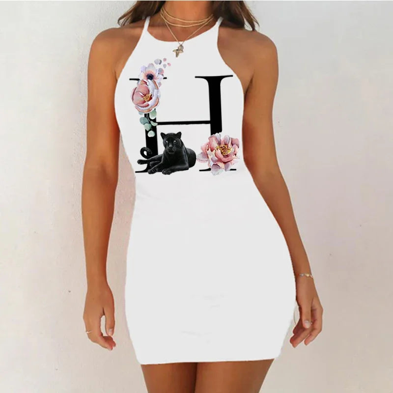 White Sleeveless Mini Nightgown with Bold Black Letter and Graphic Print, Slim Silhouette and Above-Knee Length