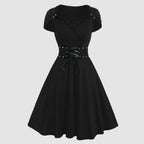 Alternative Gothic Fit and Flare Dress with Corset-Inspired Waist Detailing