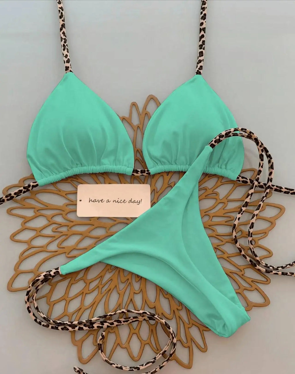 Contrast Leopard Strap Two-Piece Bikini with High-Cut Silhouette