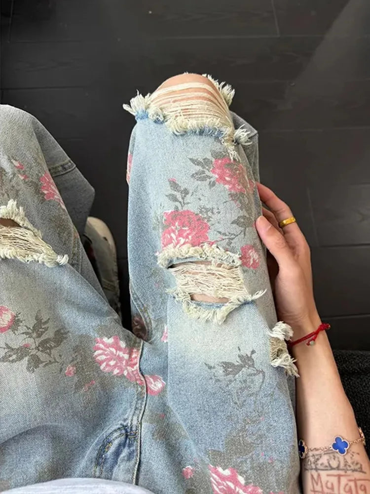 Vintage Washed Distressed Wide Leg Straight Jeans with Floral Detail Relaxed Streetwear Style