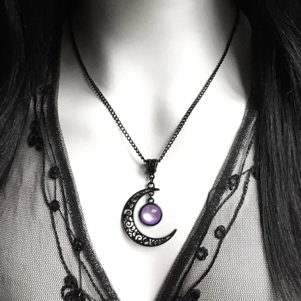 Crescent Moon Crystal Pendant Necklace for Witchy Gothic Alternative Style