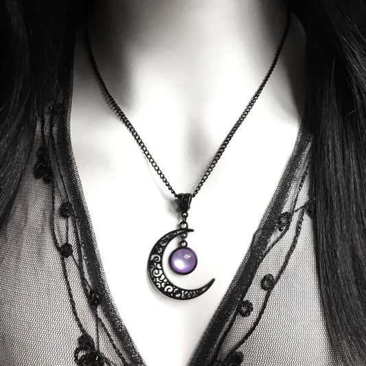 Crescent Moon Crystal Pendant Necklace for Witchy Gothic Alternative Style