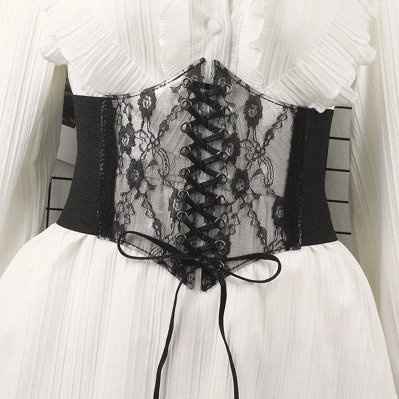 Sheer Lace Corset Belt with Lace-Up Front and Structured Waist Design