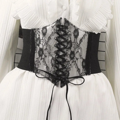 Sheer Lace Corset Belt with Lace-Up Front and Structured Waist Design