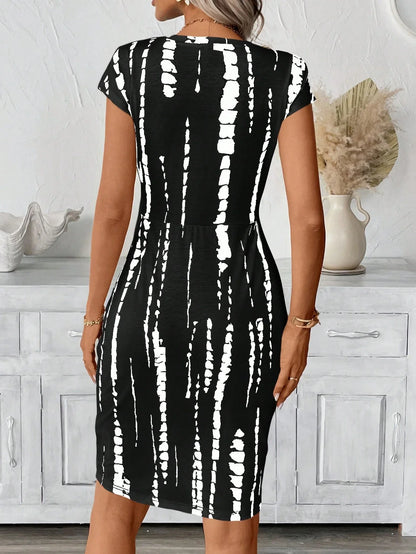 Printed Bodycon Midi Dress with Short Sleeves and Sheath Silhouette