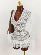 Sheer Lace Mini Dress with V-Neckline and Flared Sleeve Party Style