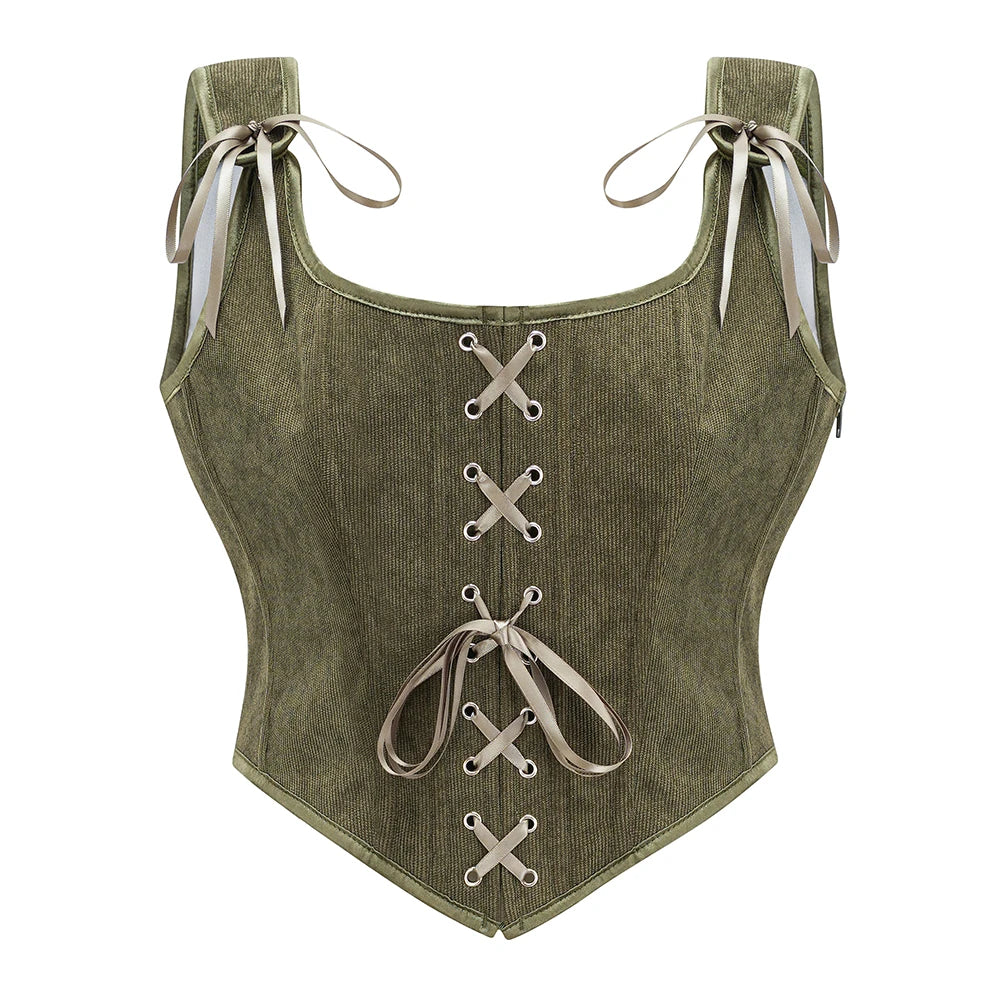 Vintage-Inspired Lace-Up Corset Top with Structured Panels and Side Closure