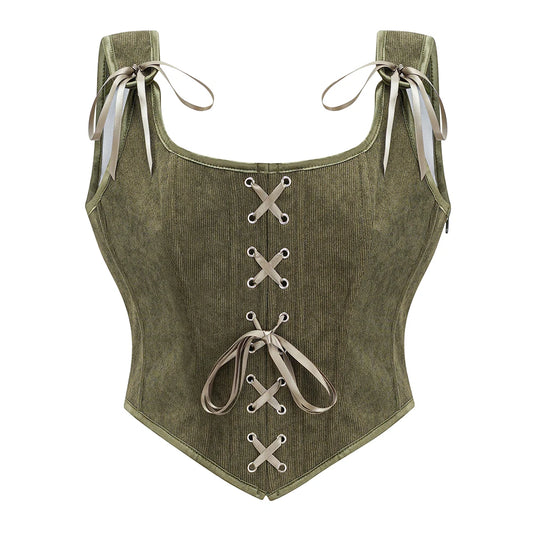 Vintage-Inspired Lace-Up Corset Top with Structured Panels and Side Closure