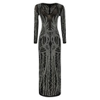 Sheer Sleeve Rhinestone Detail Maxi Dress with Bodycon Silhouette and Slit