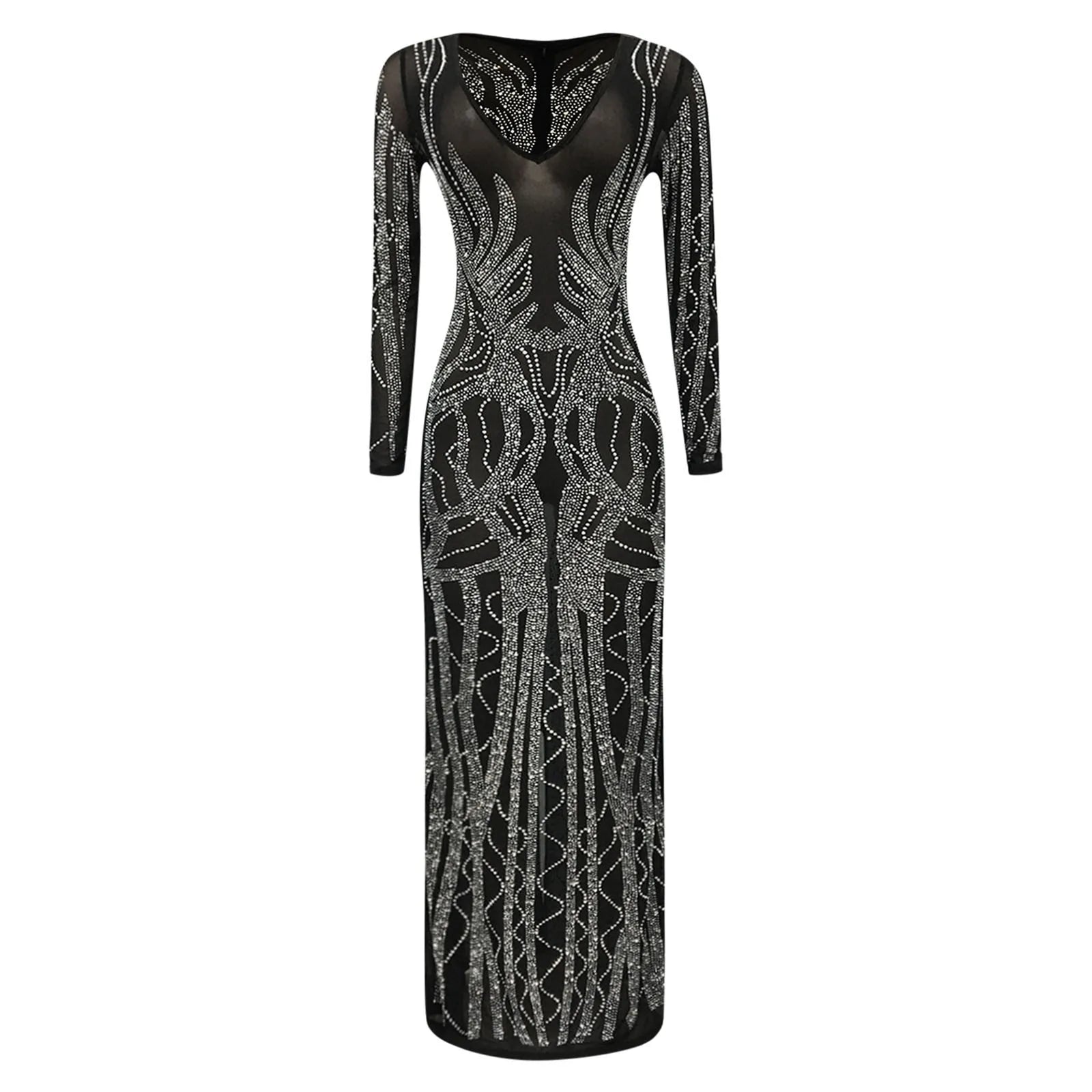 Sheer Sleeve Rhinestone Detail Maxi Dress with Bodycon Silhouette and Slit