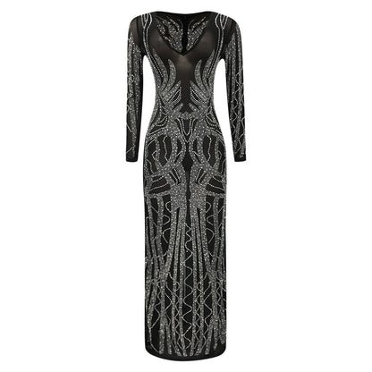 Sheer Sleeve Rhinestone Detail Maxi Dress with Bodycon Silhouette and Slit