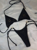 Sleek Black Triangle String Bikini Set with Gold-Tone Ring Hardware