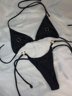 Sleek Black Triangle String Bikini Set with Gold-Tone Ring Hardware