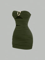 Strapless Ruched Bodycon Mini Dress with Metallic Accent Contemporary Silhouette