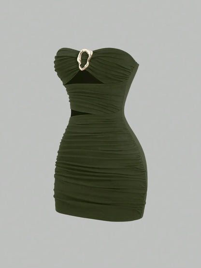 Strapless Ruched Bodycon Mini Dress with Metallic Accent Contemporary Silhouette
