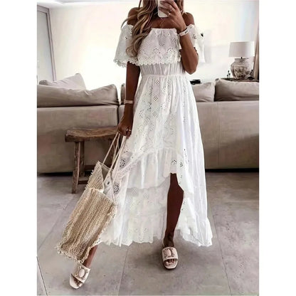 Off Shoulder Eyelet Embroidered Maxi Dress with Flowy Vacation Silhouette