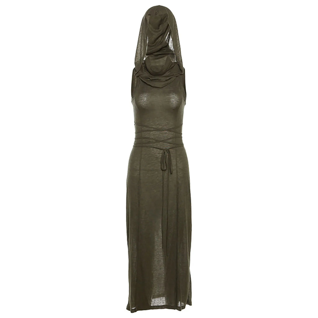 Hooded Bodycon Maxi Dress with Side Split and Lace Up Detail