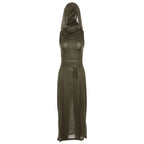 Hooded Bodycon Maxi Dress with Side Split and Lace Up Detail