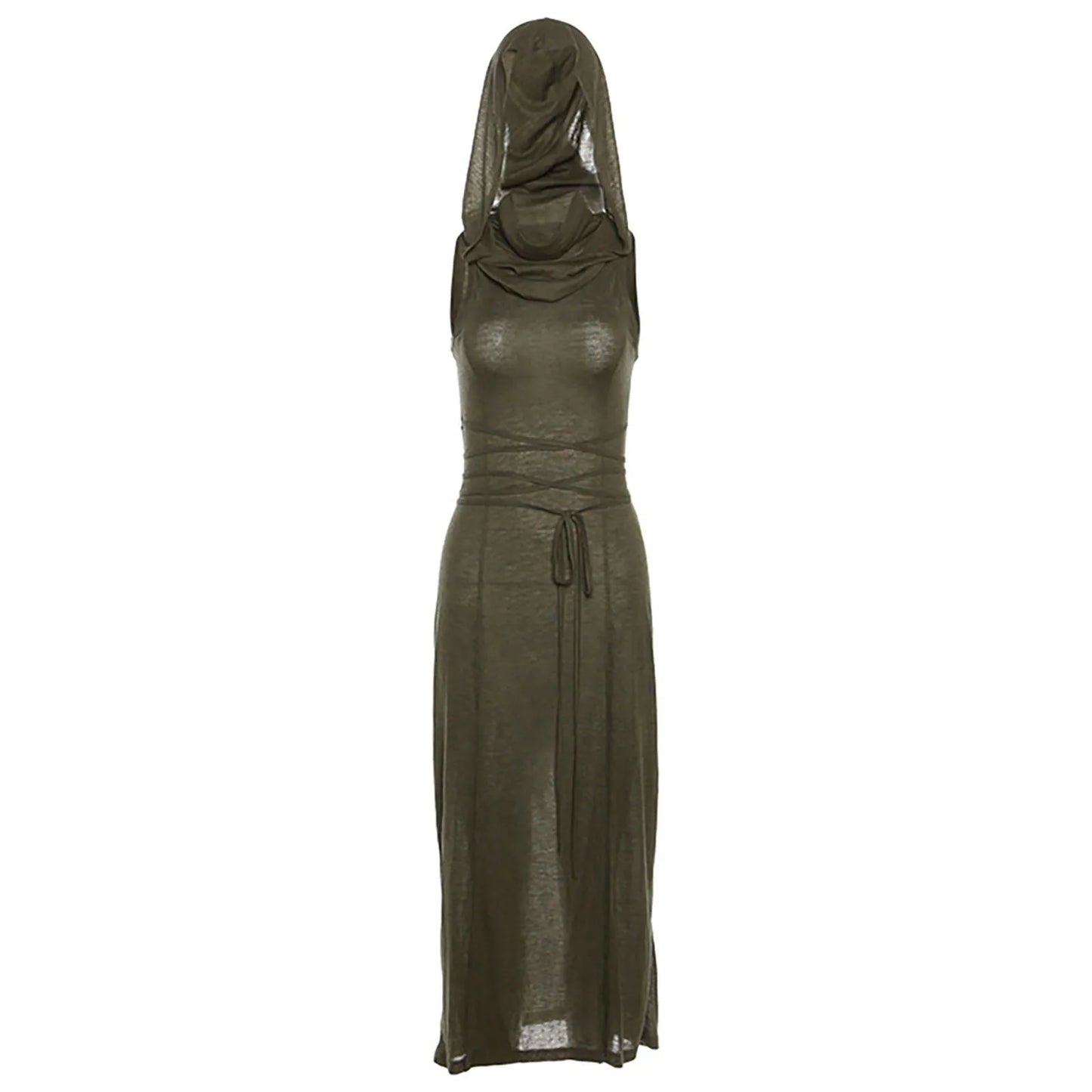 Hooded Bodycon Maxi Dress with Side Split and Lace Up Detail