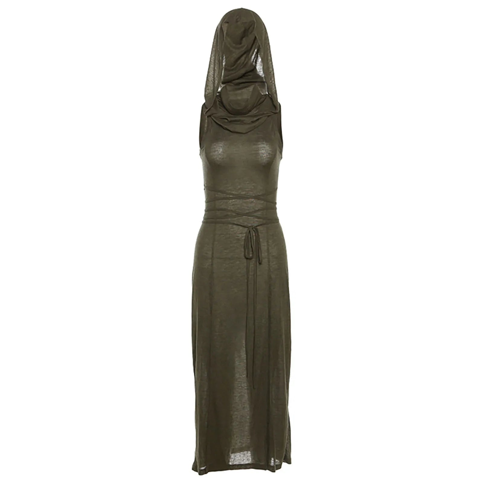 Hooded Bodycon Maxi Dress with Side Split and Lace Up Detail