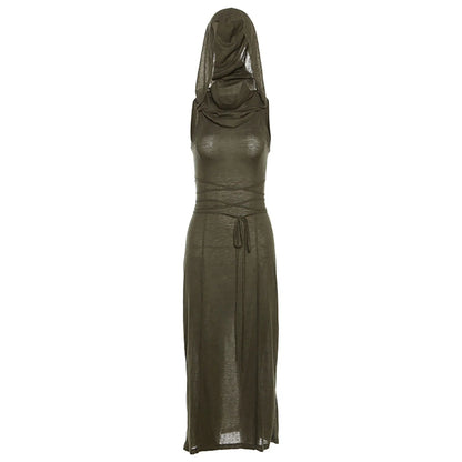 Hooded Bodycon Maxi Dress with Side Split and Lace Up Detail