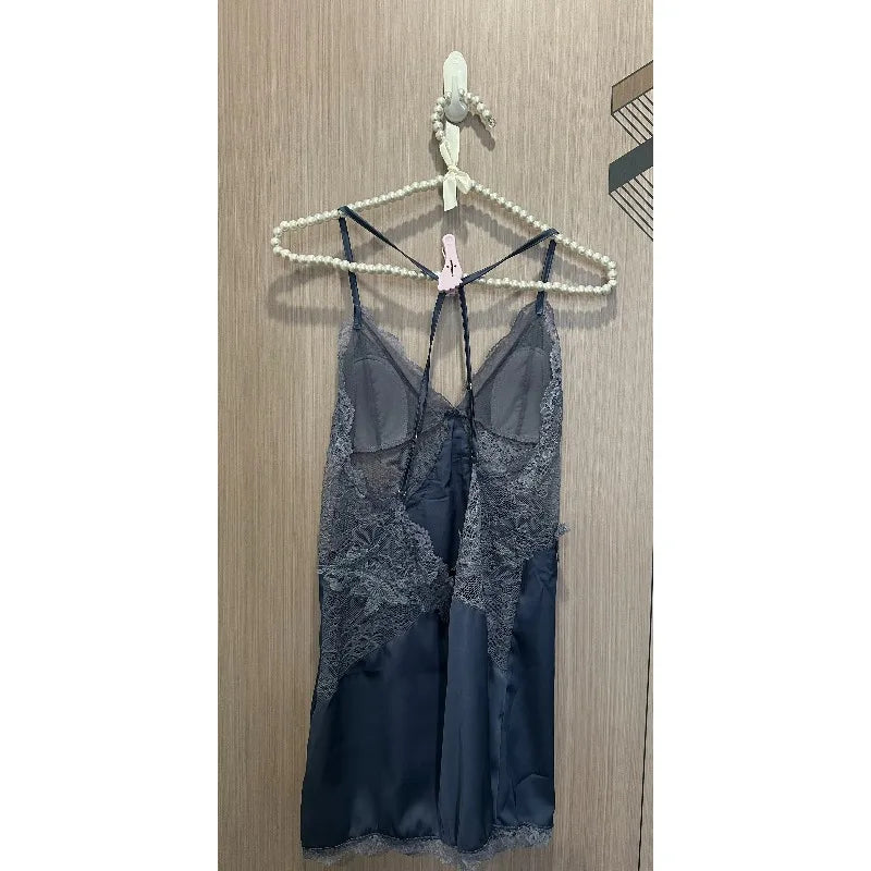 Slate Blue Satin-Finish Chemise with Strappy Back and Sheer Lace Bodice